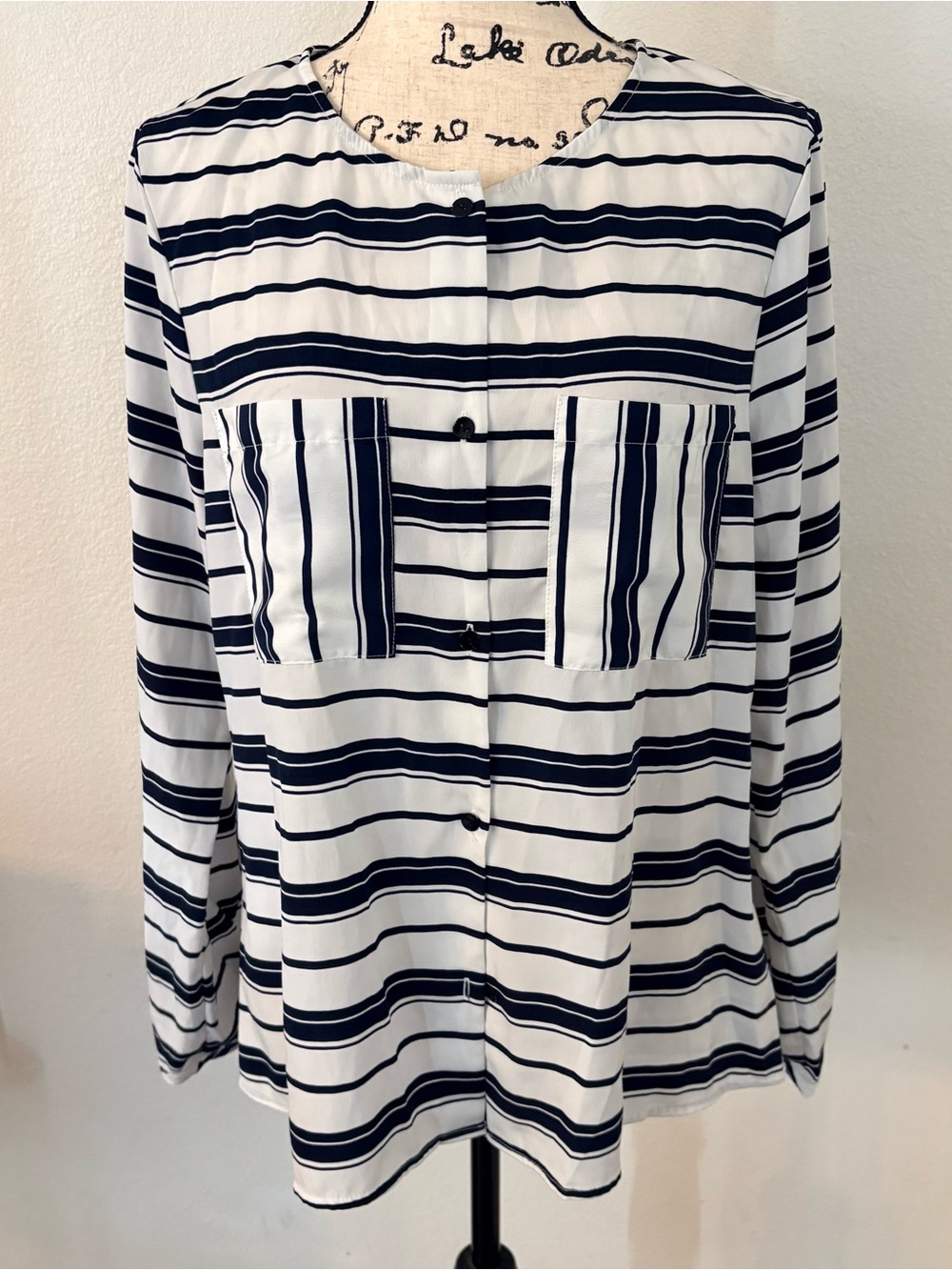 bobeau Navy and White Striped Button Front Blouse